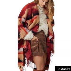 Free‎ People  Crossroads Oversized Poncho Red and Black Knit OS